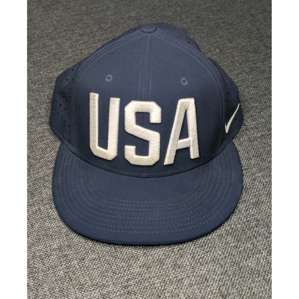 Nike True Dri Fit Olympic USA Spell out Logo Snapback Hat Blue Swoosh OS Cap